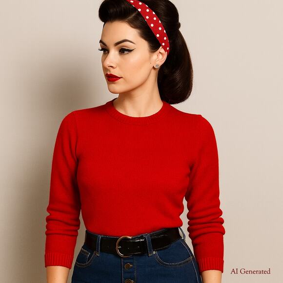 Vintage 1950s Red Wool Crew Neck Pin up Sweater Sheltanarie by Huddlespun Size - Picture 1 of 7
